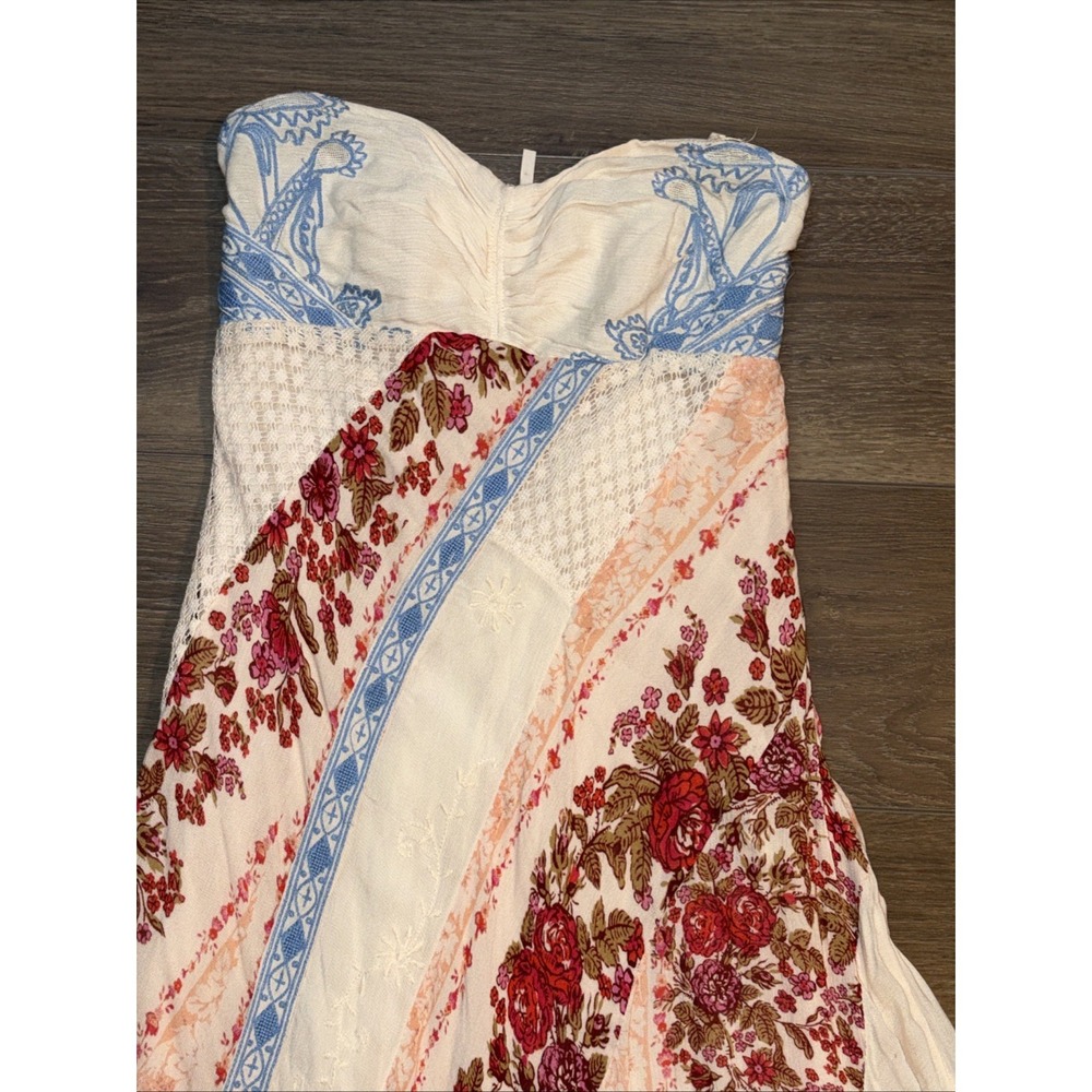 Free People Strapless Patchwork Wide-Leg Jumpsuit in Cream, Blue, and Red Floral - Picture 5 of 9